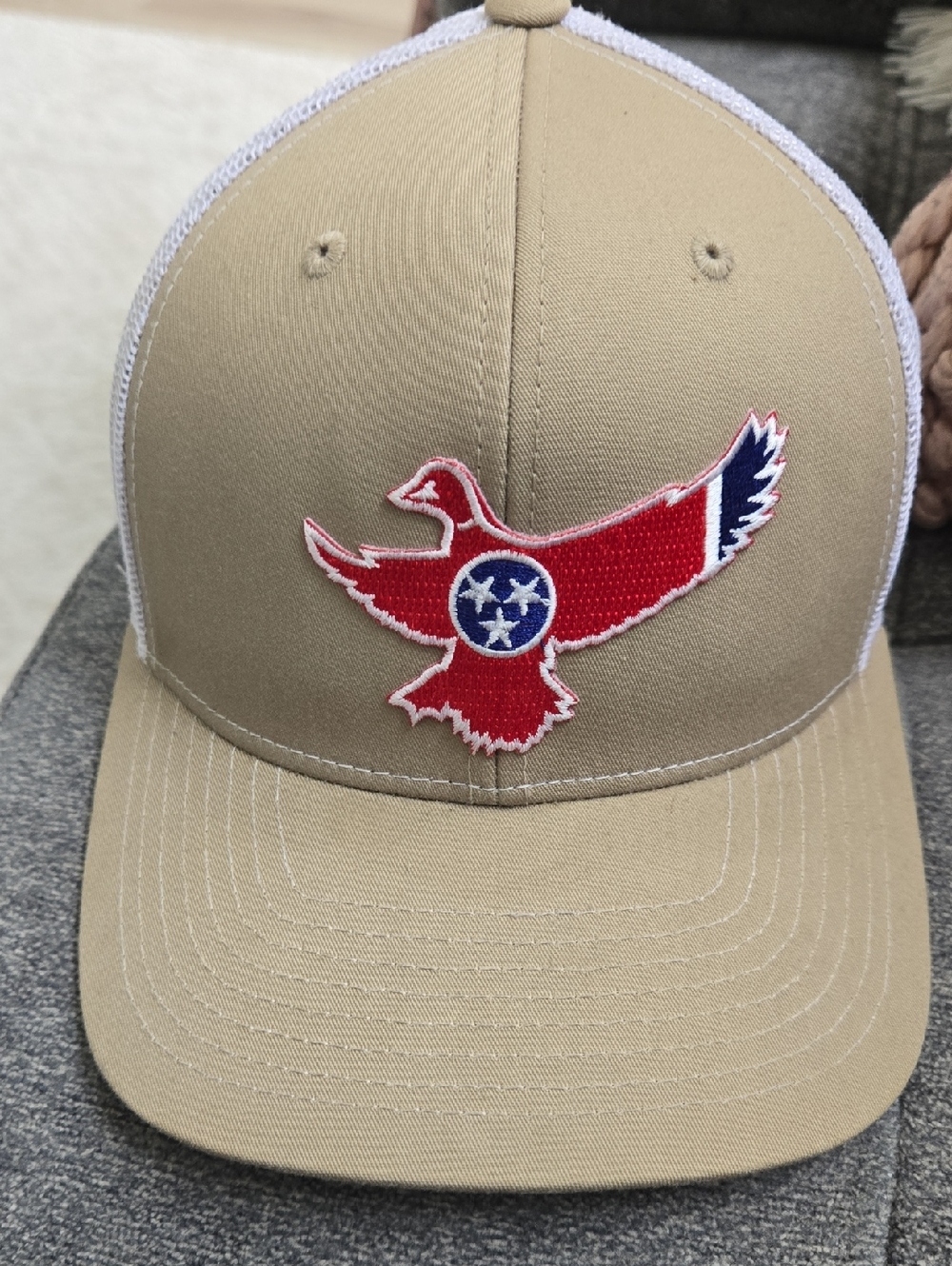 Tan Trucker Hat with Red and Navy TN Duck Patch